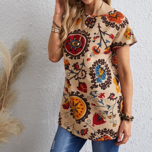 Boho Khaki Red Floral Tunic Top Cottagecore - Picture 2 of 4